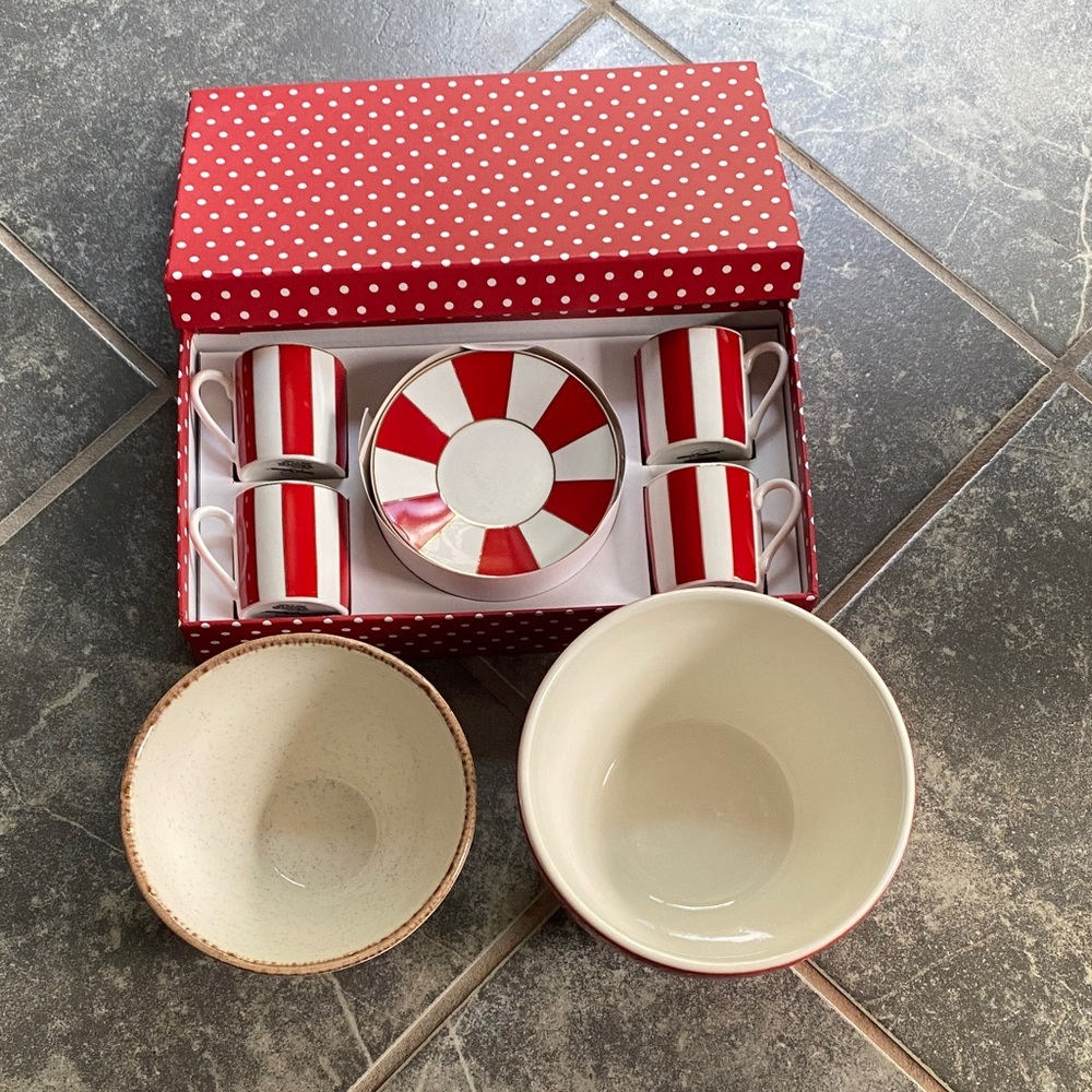Brand New Red and White Striped Mug and Bowl Set